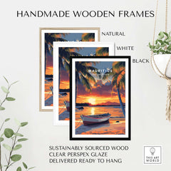 Handmade wooden frames in natural, white, and black for Mauritius Travel Print - Sunset Beach Art.