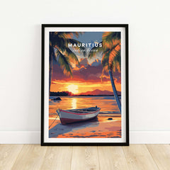 Mauritius Travel Print - Sunset Beach Art featuring a vibrant sunset over the ocean with palm trees and a boat.