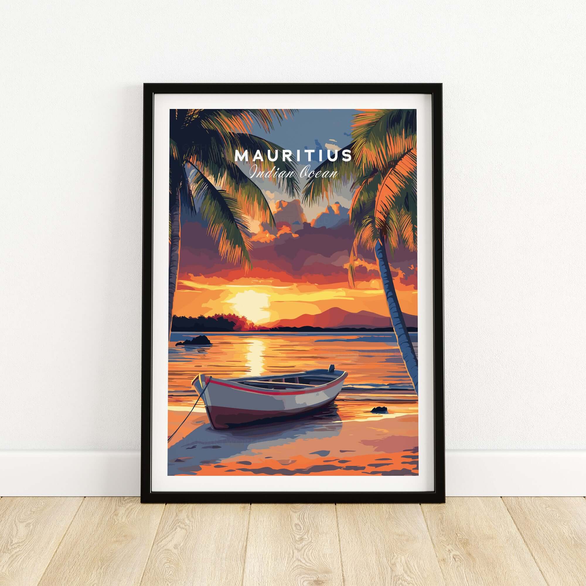 Mauritius Travel Print - Sunset Beach Art featuring a vibrant sunset over the ocean with palm trees and a boat.