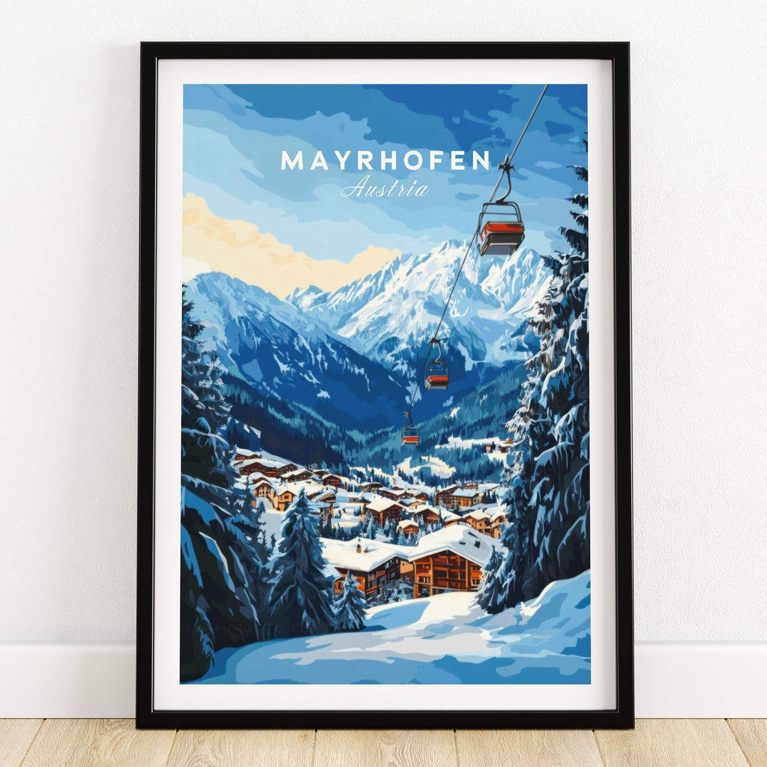 Mayrhofen Ski Print featuring a scenic winter landscape with ski lifts and snow-covered mountains.