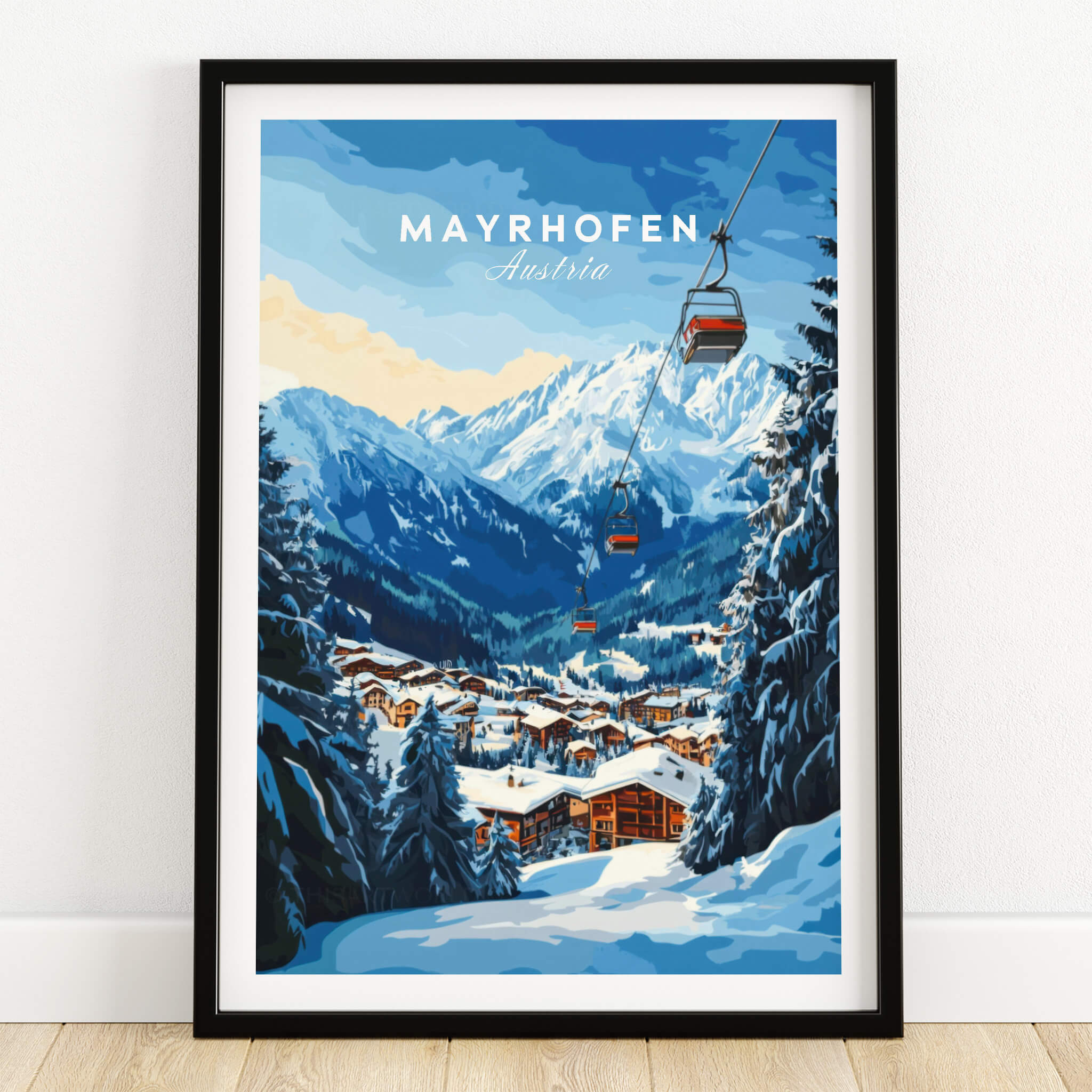 Mayrhofen Ski Print featuring a scenic winter landscape with ski lifts and snow-covered mountains.