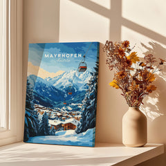 Mayrhofen Ski Print showcasing a beautiful winter landscape with ski lifts and snow-covered mountains.