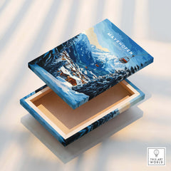 Mayrhofen Ski Print displayed on an open box, featuring detailed scenic mountain and ski imagery.