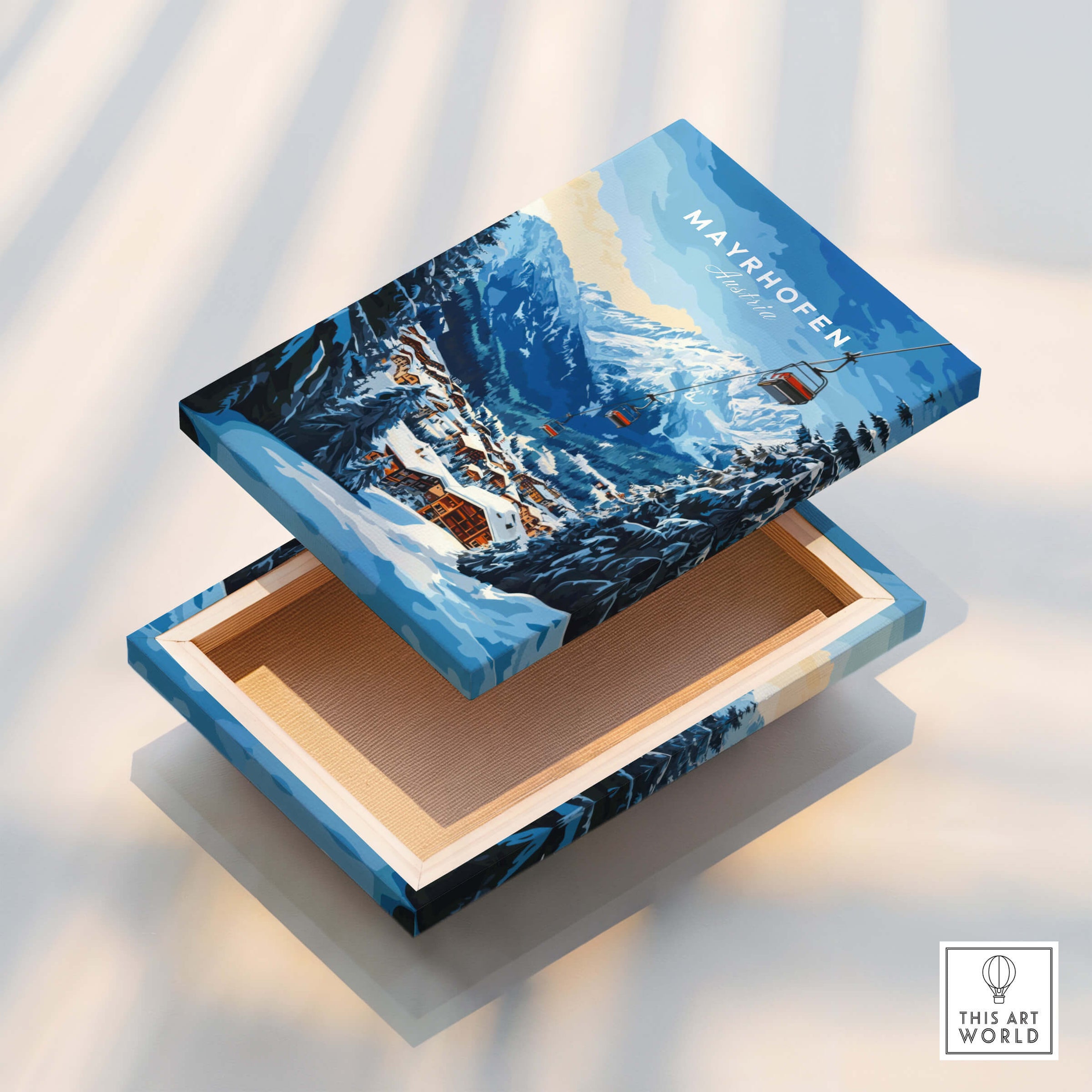 Mayrhofen Ski Print displayed on an open box, featuring detailed scenic mountain and ski imagery.