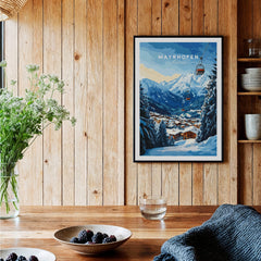 Mayrhofen Ski Print featuring a winter landscape with a ski gondola and wooden cabin décor.