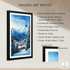 Mayrhofen Ski Print framed art featuring snowy mountains and ski lifts in a handcrafted wooden frame.