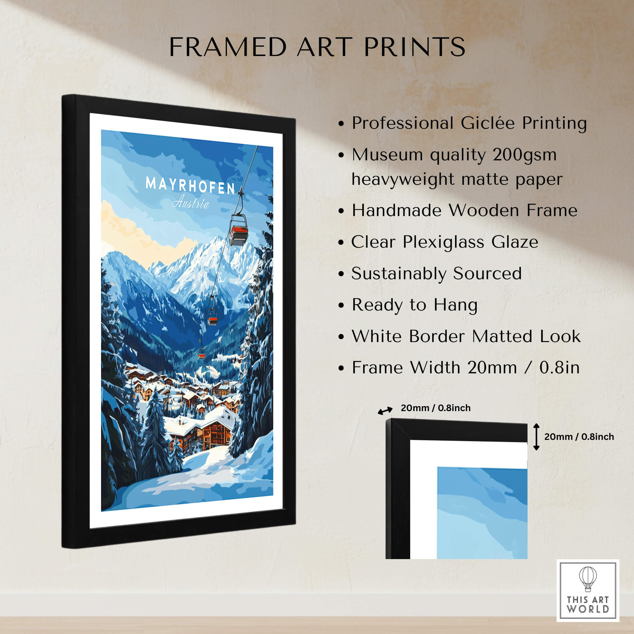Mayrhofen Ski Print framed art featuring snowy mountains and ski lifts in a handcrafted wooden frame.