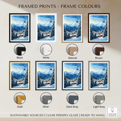 Mayrhofen Ski Print available in various frame colors including black, white, natural, brown, gold, silver, dark grey, and light grey.