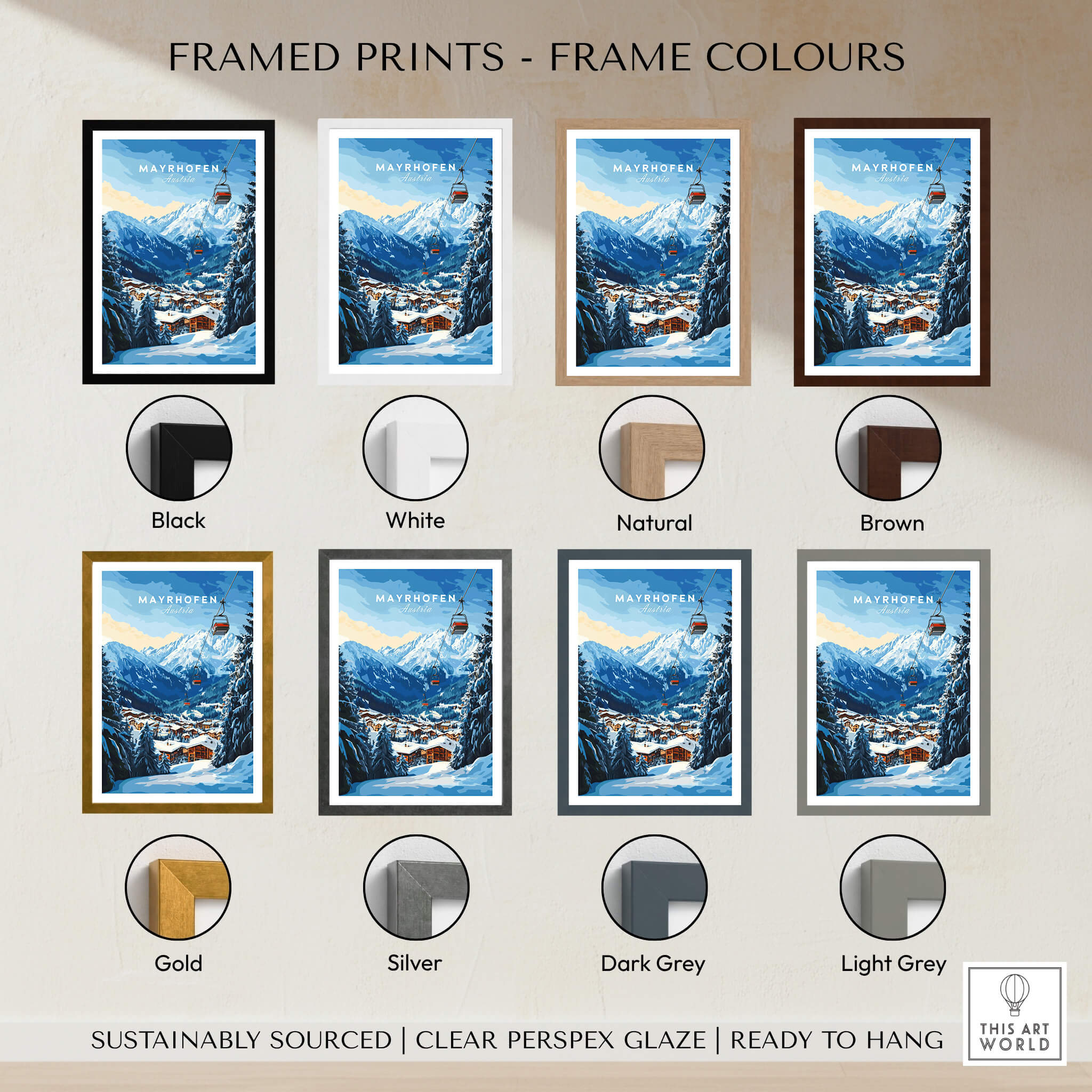 Mayrhofen Ski Print available in various frame colors including black, white, natural, brown, gold, silver, dark grey, and light grey.
