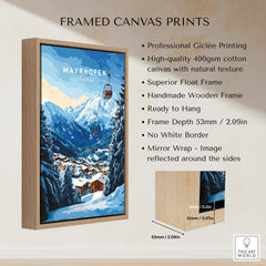 Mayrhofen Ski Print featured in a framed canvas showcasing snowy mountains and winter scenery.