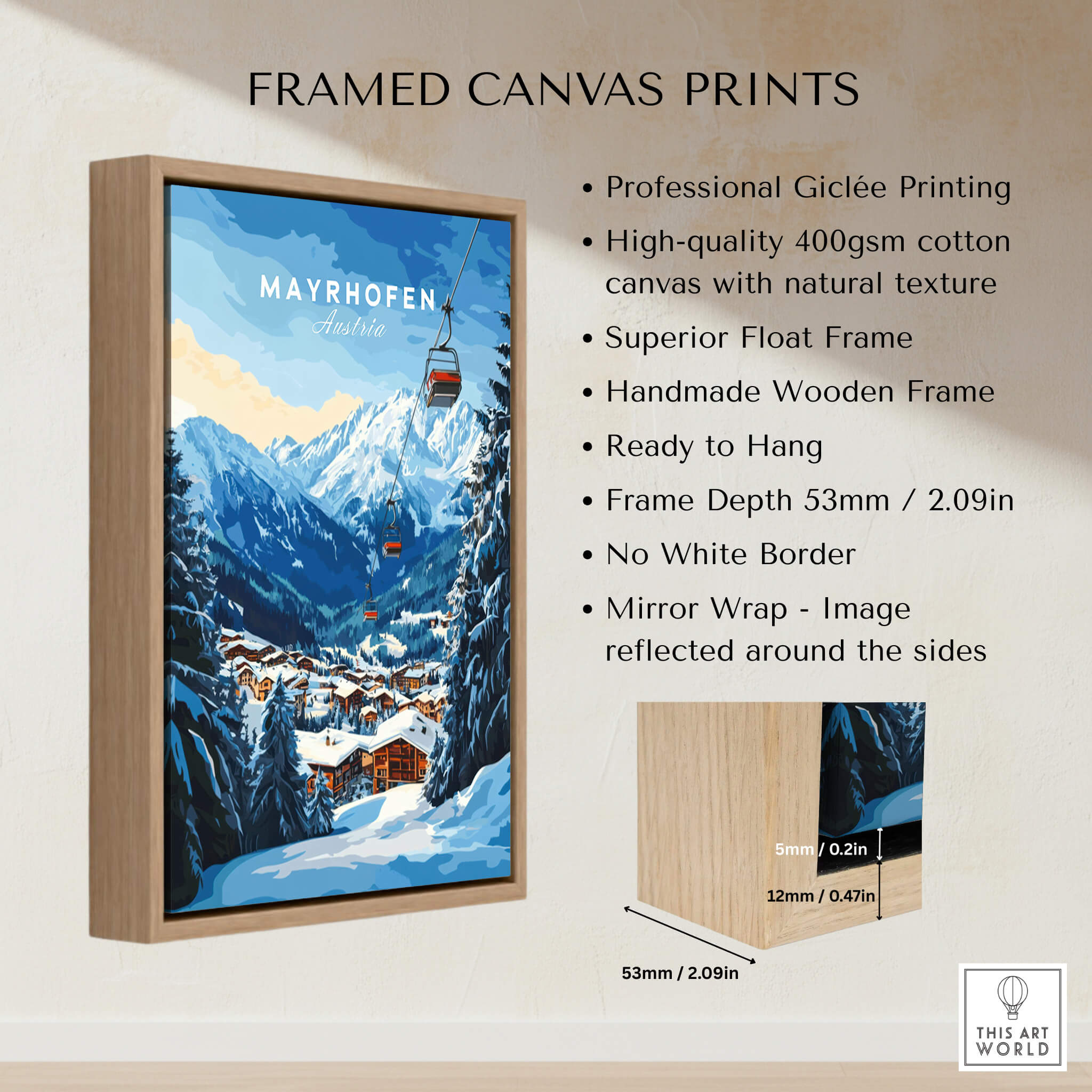 Mayrhofen Ski Print featured in a framed canvas showcasing snowy mountains and winter scenery.