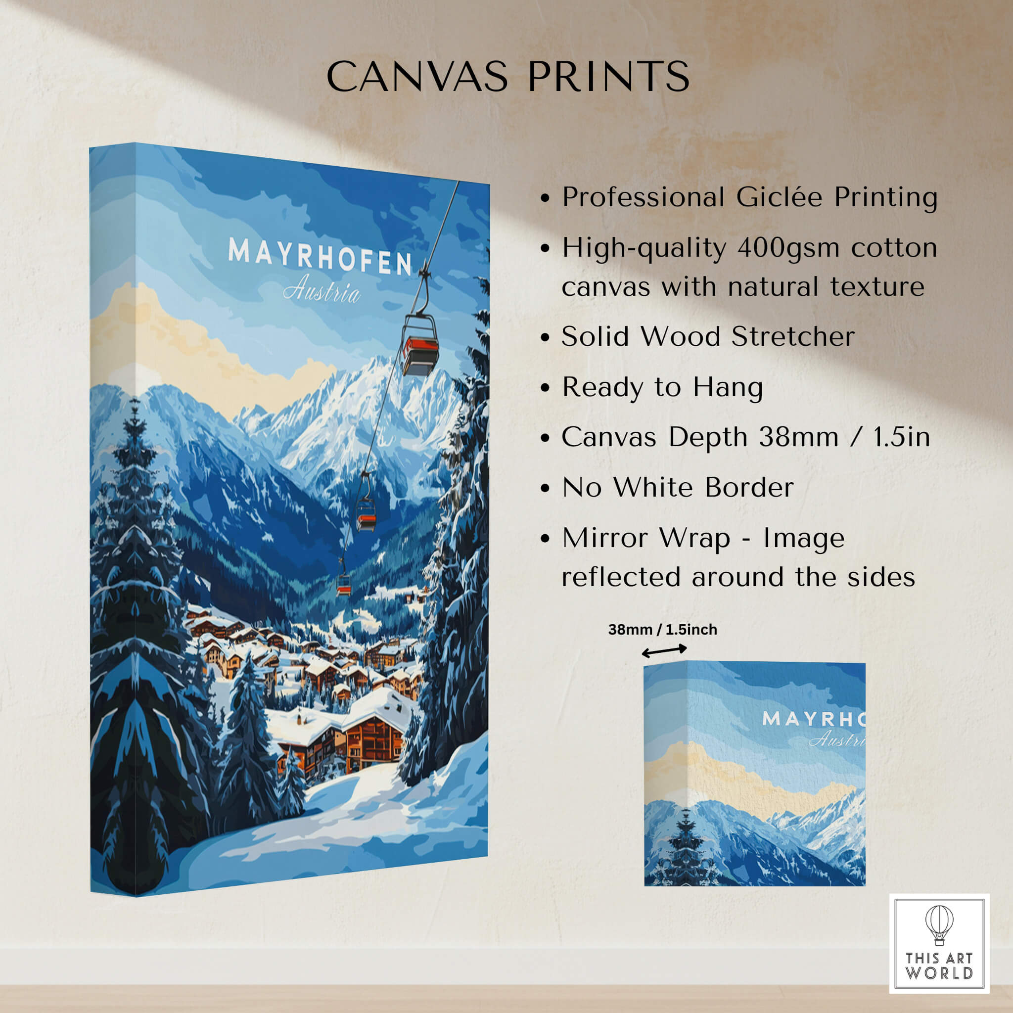 Mayrhofen Ski Print showcasing high-quality Giclée printing on textured canvas, perfect for ski enthusiasts.