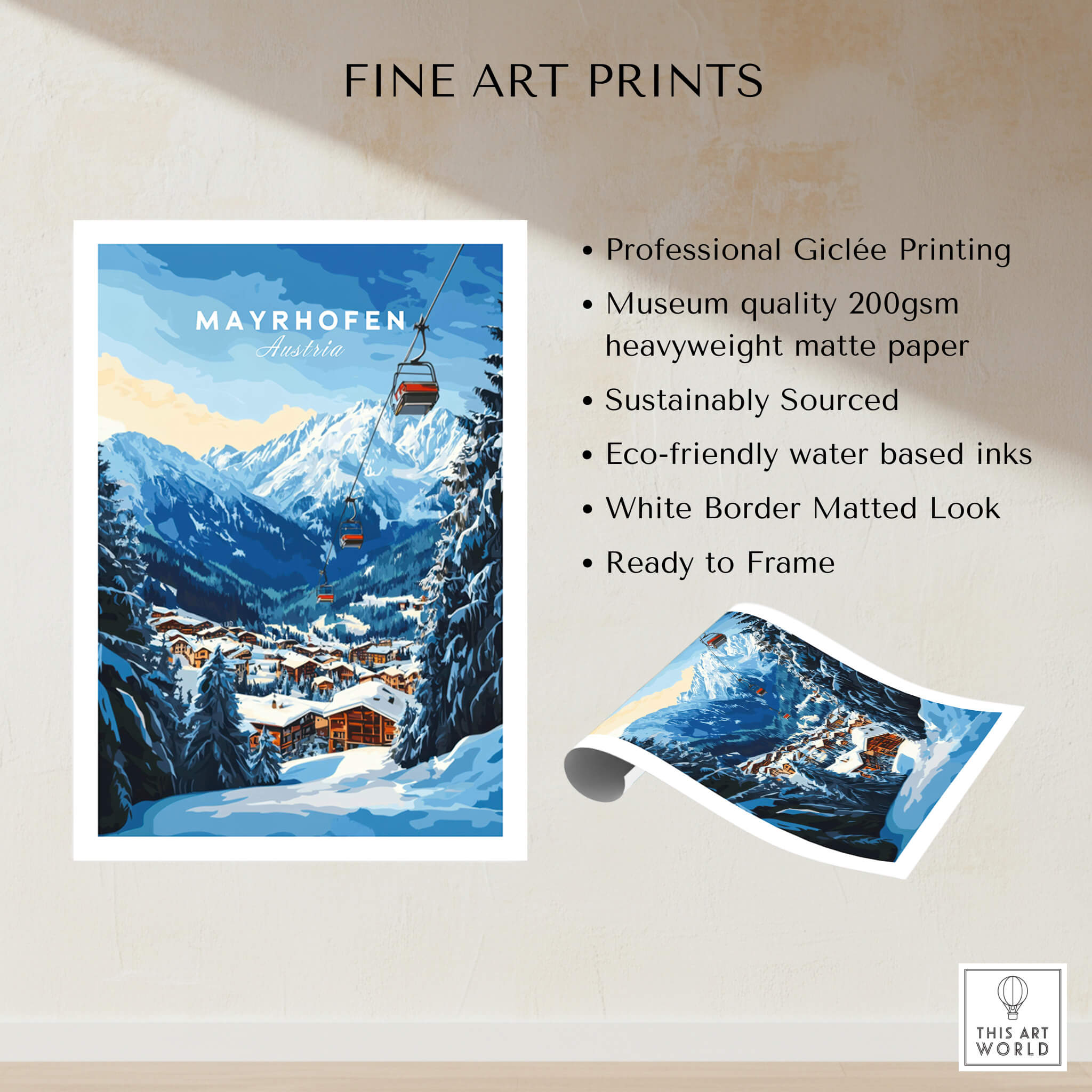 Mayrhofen Ski Print showcasing a picturesque winter scene with mountains and a ski lift.