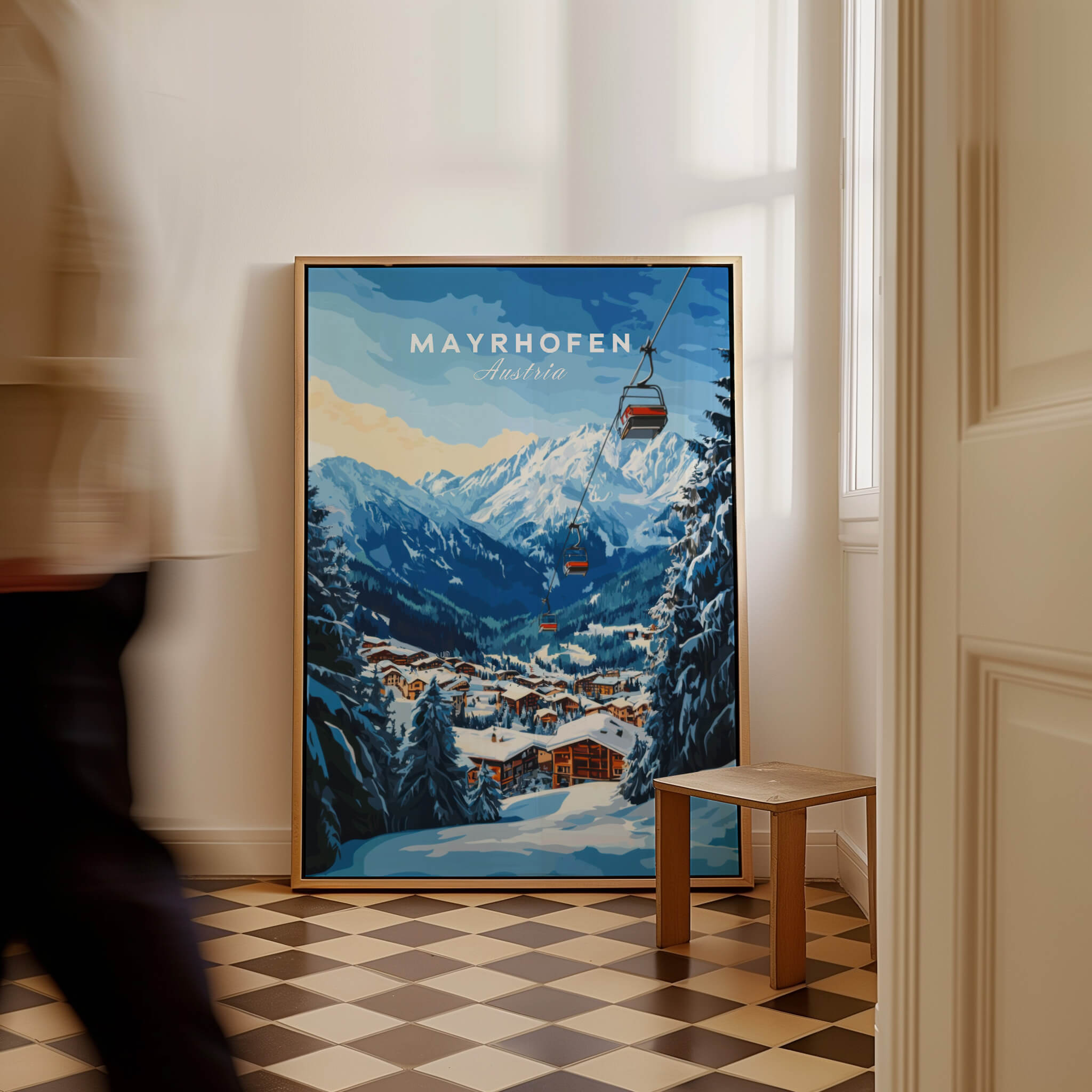 Mayrhofen Ski Print displayed in a stylish interior, showcasing a beautiful snowy mountain scene.
