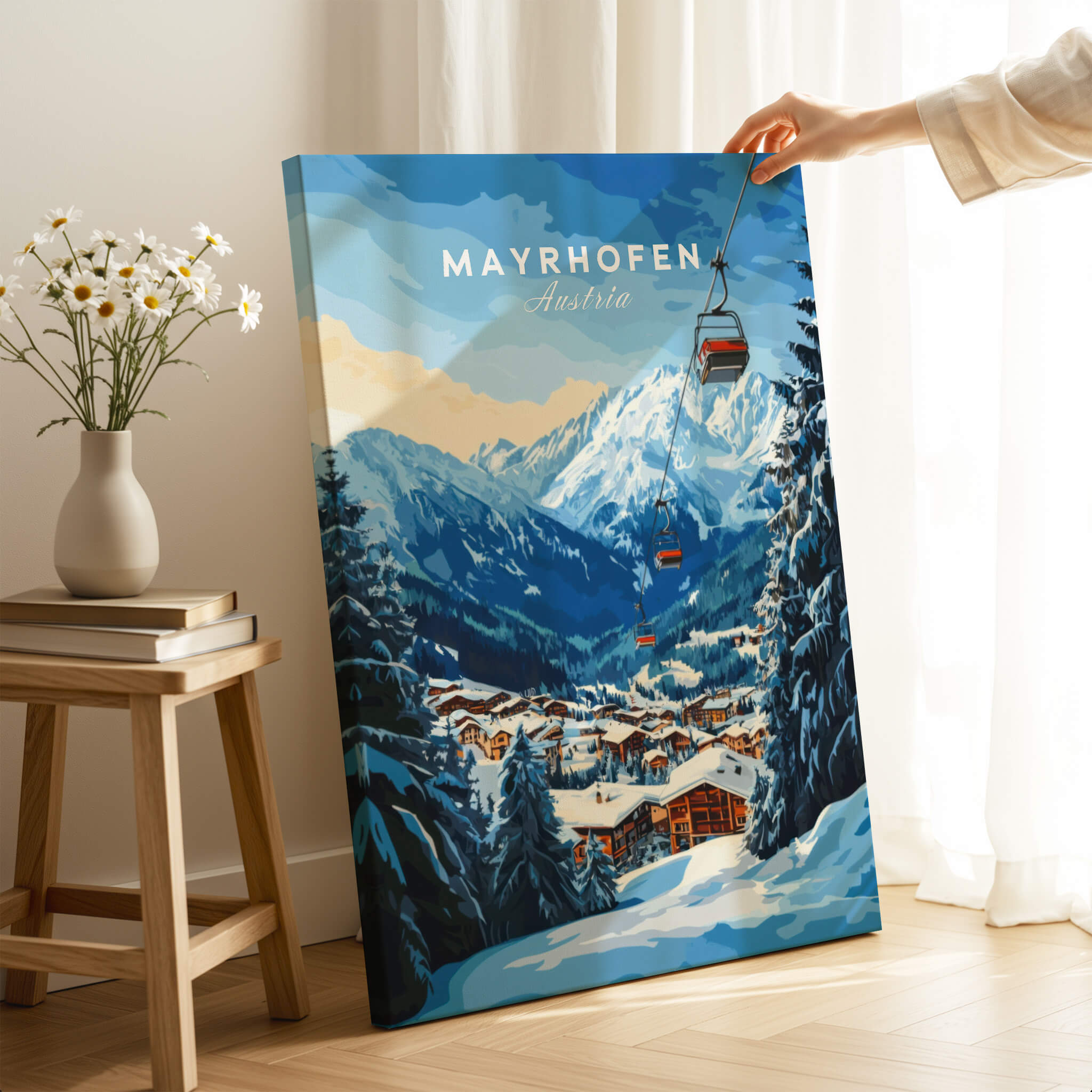 Mayrhofen Ski Print showcasing a stunning winter landscape with mountains and ski lift in Mayrhofen, Austria.
