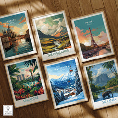 Collection of travel prints including Mayrhofen Ski Print, showcasing winter landscapes and iconic landmarks.