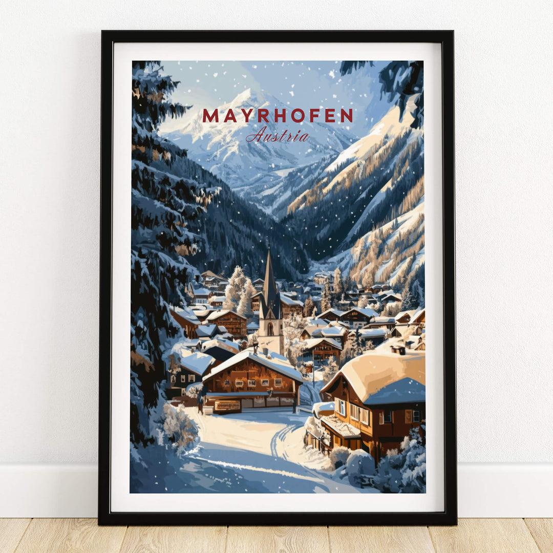 Mayrhofen Ski Wall Art Print showcasing a charming winter scene in Austria with snowy mountains and cozy chalets.
