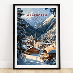 Mayrhofen Ski Wall Art Print showcasing a charming winter scene in Austria with snowy mountains and cozy chalets.