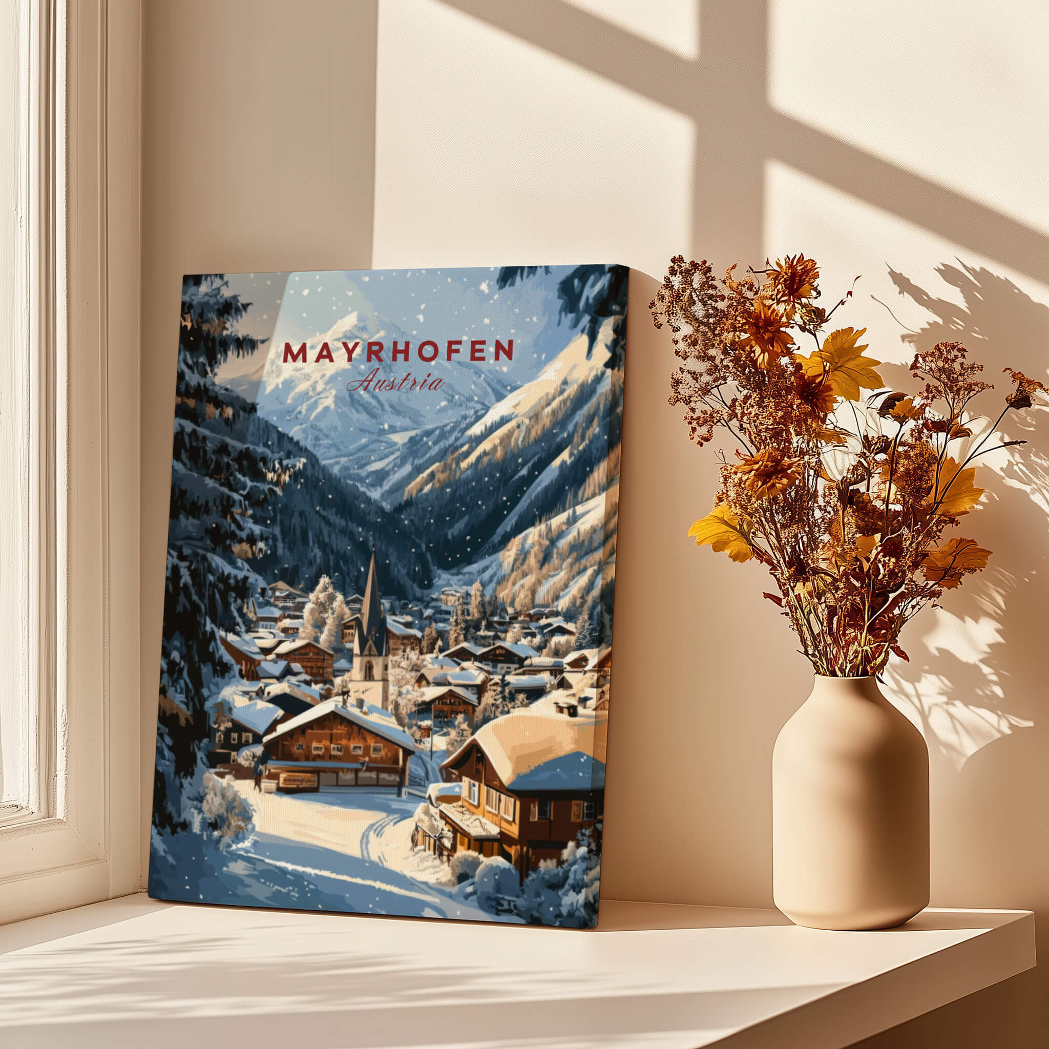 Mayrhofen Ski Wall Art Print showcasing a wintery scene of a ski chalet in the mountains, perfect for home decor.