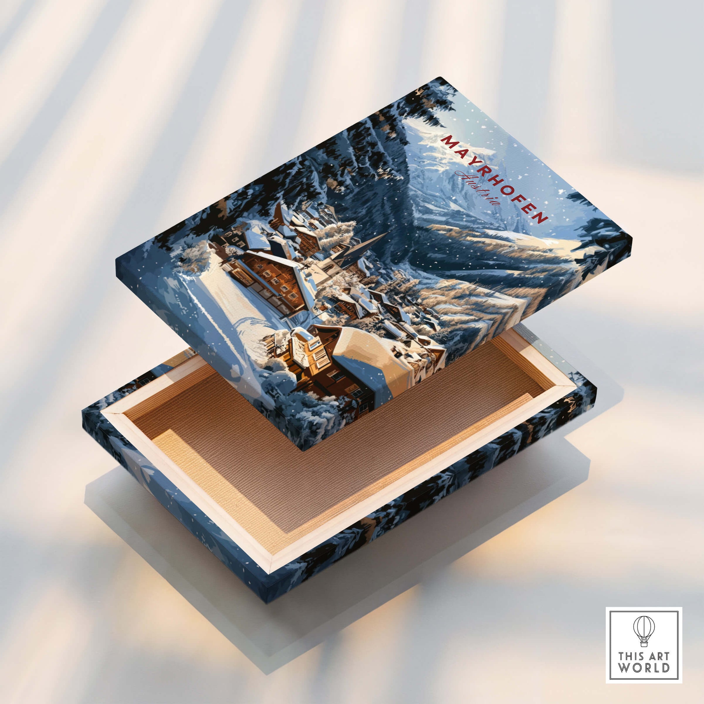Mayrhofen Ski Wall Art Print beautifully displayed on a wooden box, showcasing a stunning winter landscape.