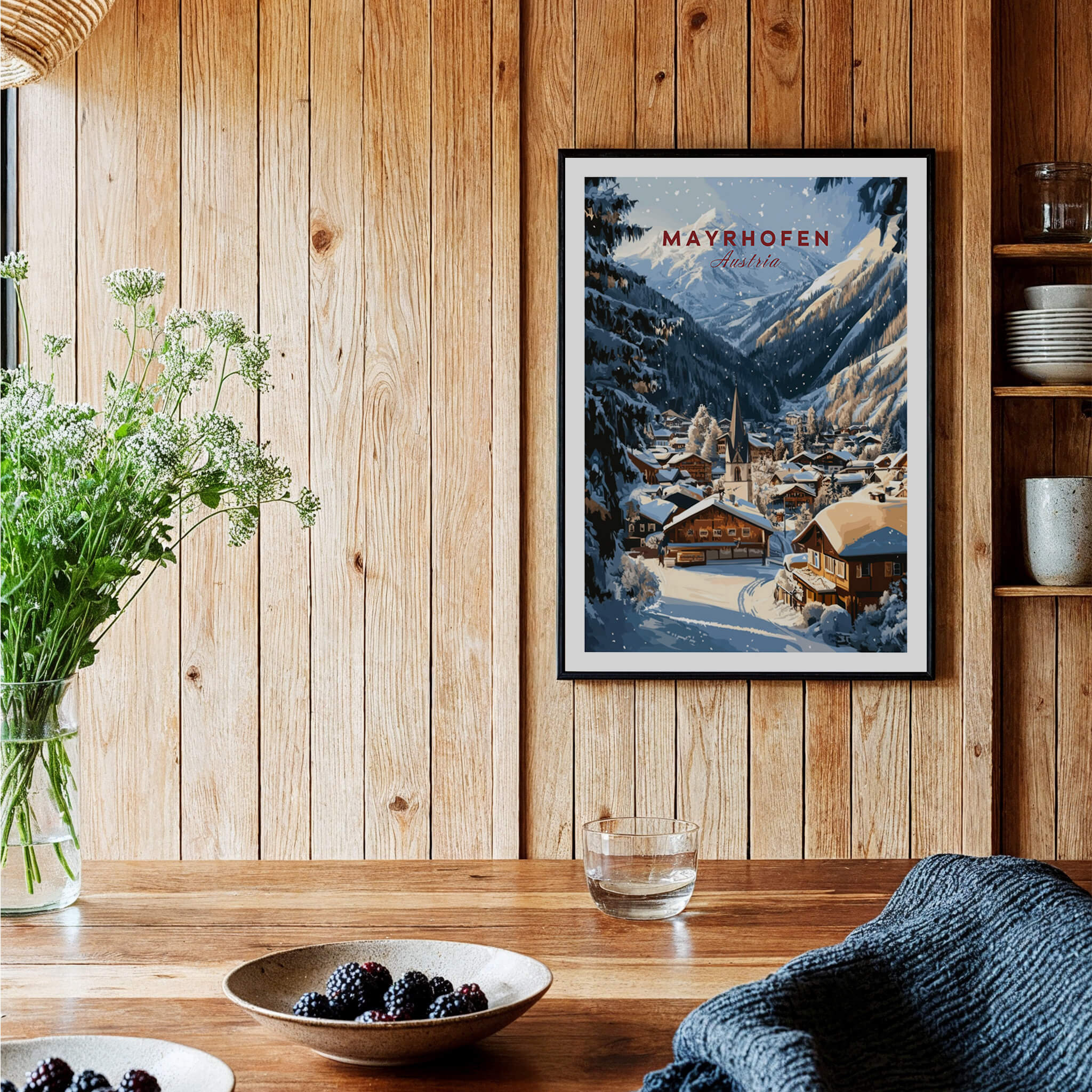 Mayrhofen Ski Wall Art Print displayed in a cozy kitchen setting with natural wood accents.