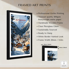 Mayrhofen Ski Wall Art Print featuring a framed giclée print with mountain scenery and cozy chalets.