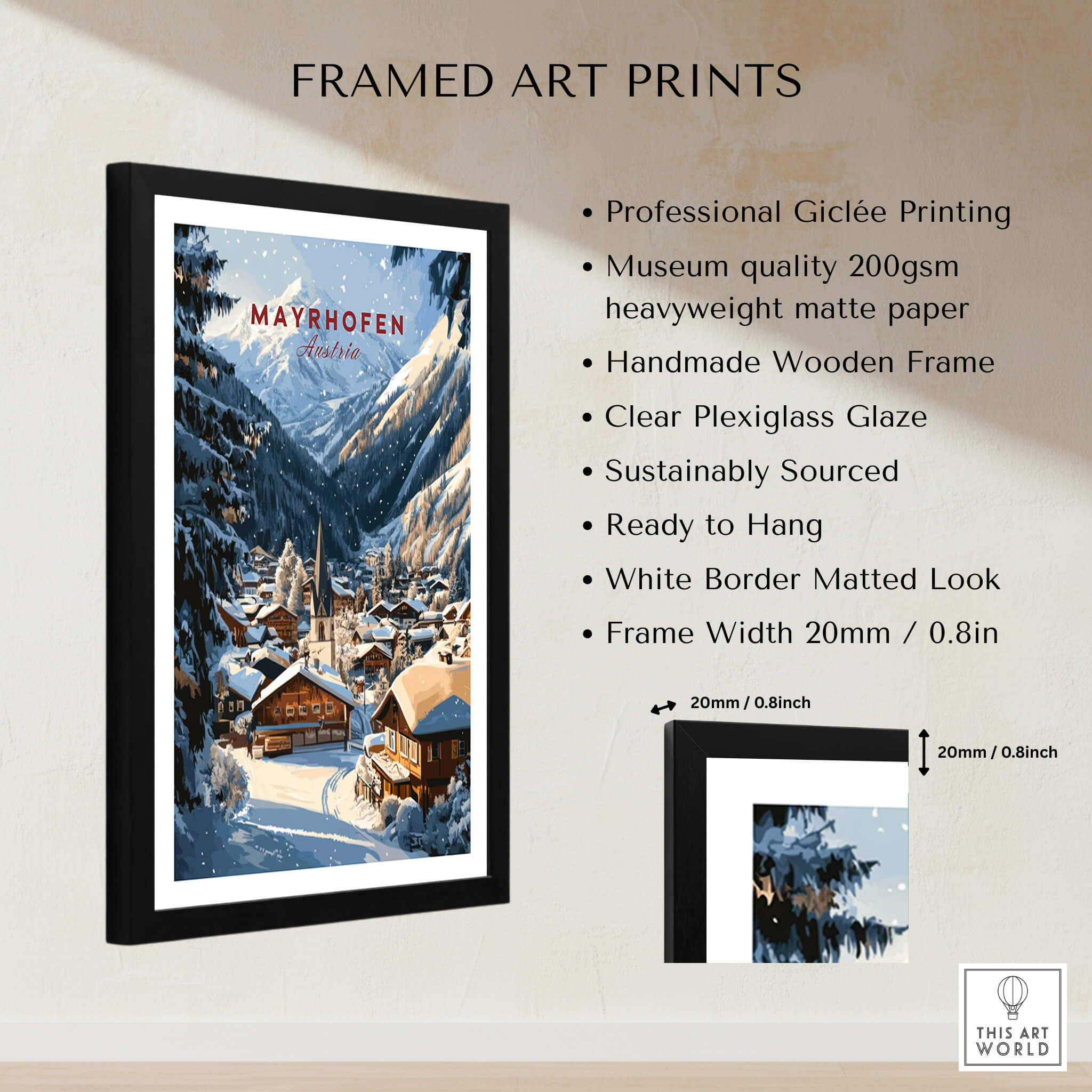 Mayrhofen Ski Wall Art Print featuring a framed giclée print with mountain scenery and cozy chalets.