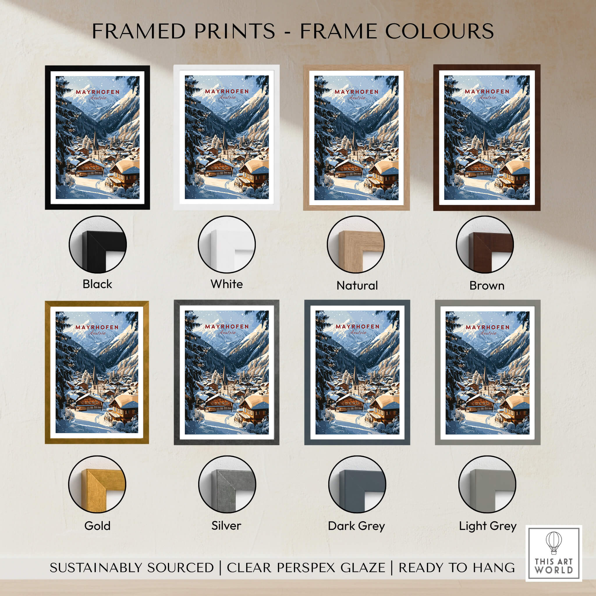 Framed prints of Mayrhofen Ski Wall Art Print in various frame colors including black, white, natural, brown, gold, silver, dark grey, and light grey.