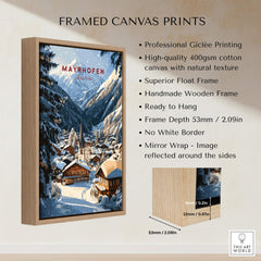 Mayrhofen Ski Wall Art Print featuring a framed canvas with a snowy mountain landscape.