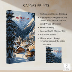 Mayrhofen Ski Wall Art Print showcasing professional giclée printing and solid wood stretcher, ready to hang.