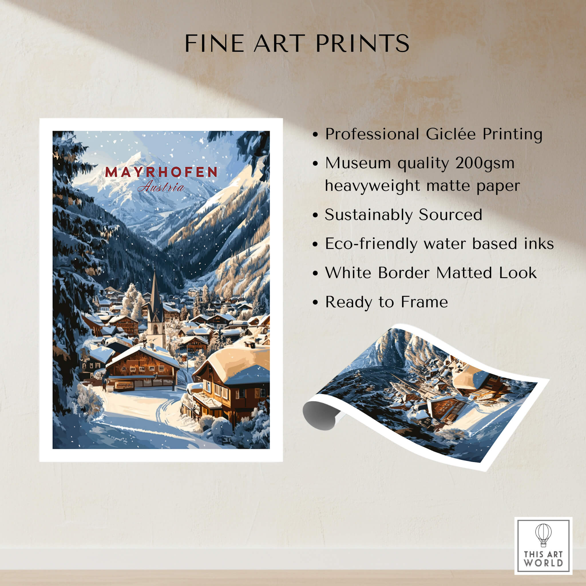 Mayrhofen Ski Wall Art Print showcasing professional Giclée printing on museum quality paper.