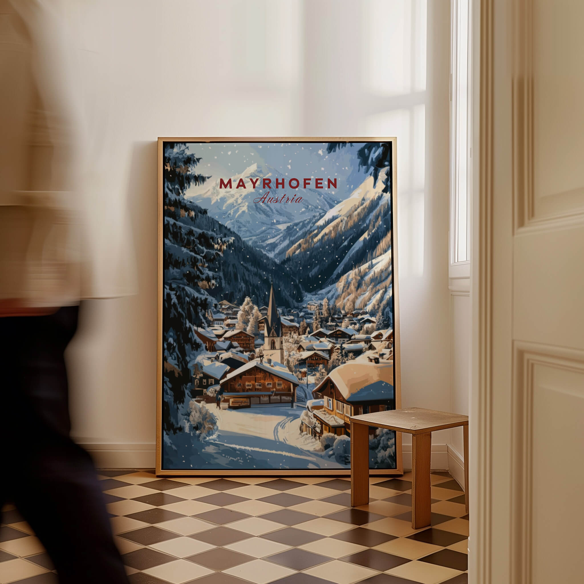 Mayrhofen Ski Wall Art Print featuring a snow-covered village in the Alps, ideal for ski enthusiasts' home decor.