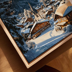 Mayrhofen Ski Wall Art Print showcasing a snowy village landscape with charming chalets and mountains.