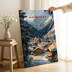 Mayrhofen Ski Wall Art Print featuring a snowy landscape of Mayrhofen, Austria, perfect for ski enthusiasts.