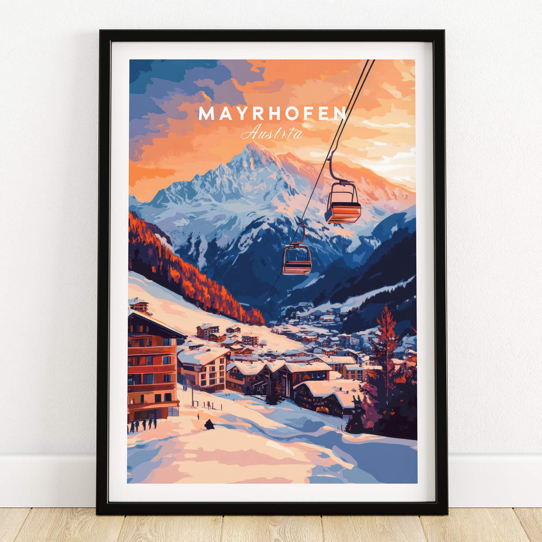 Ski Print Mayrhofen Austria showcasing a stunning sunset view of Mayrhofen with ski lifts and snow-covered mountains.