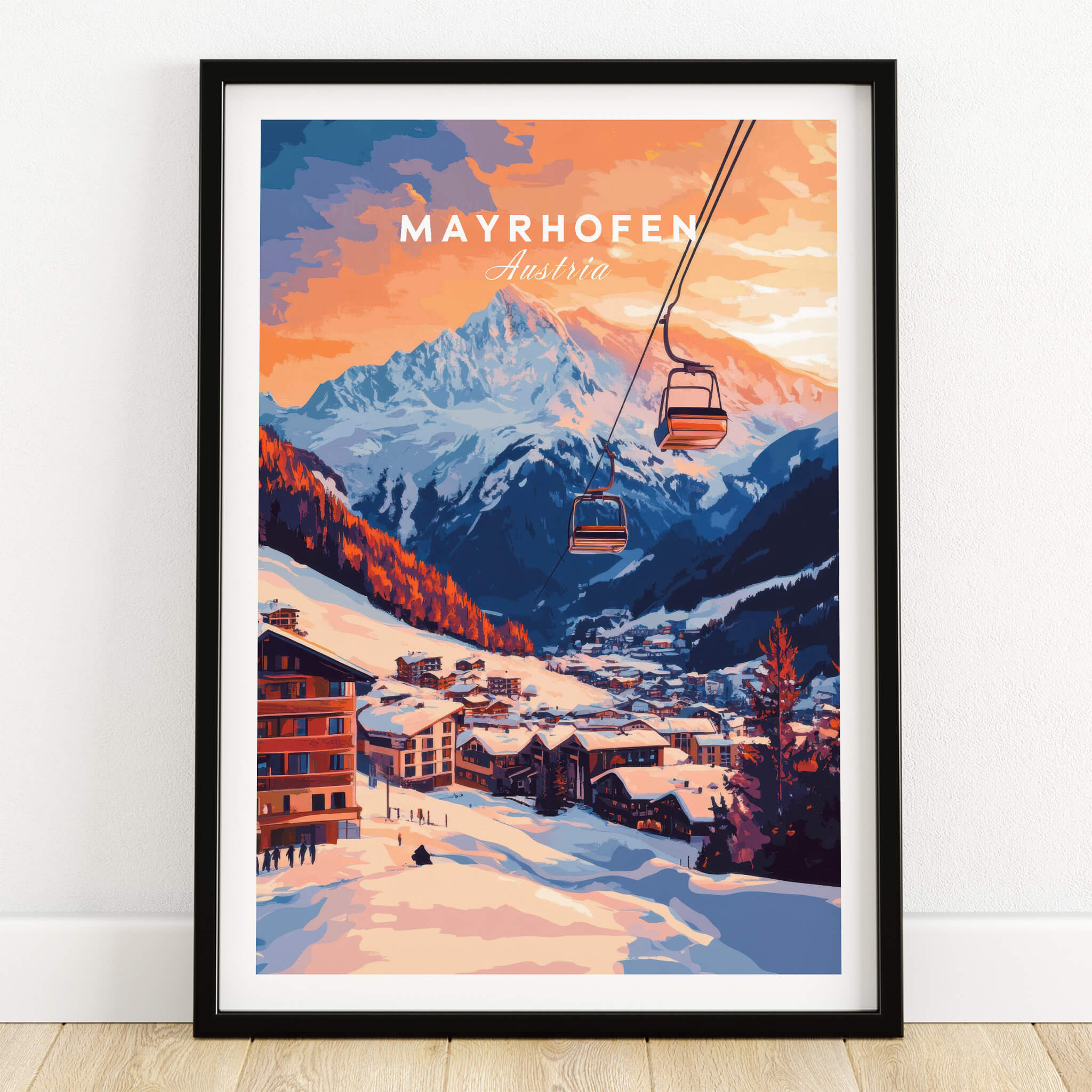 Ski Print Mayrhofen Austria showcasing a stunning sunset view of Mayrhofen with ski lifts and snow-covered mountains.