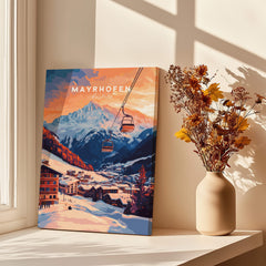 Ski Print Mayrhofen Austria showcasing a stunning sunset over the mountains and ski slopes.