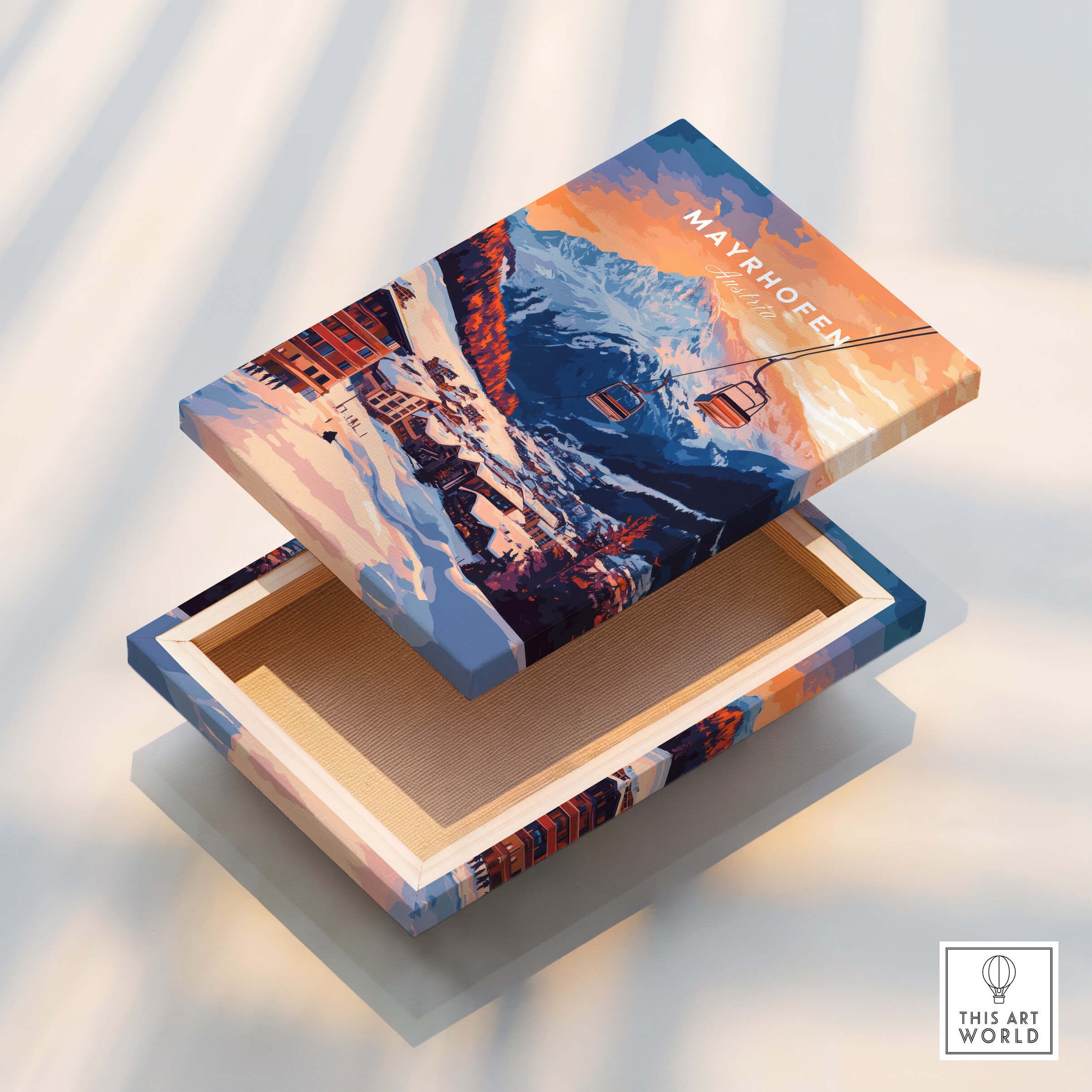 Ski Print Mayrhofen Austria featuring a beautifully designed box with a mountain and ski lift illustration.