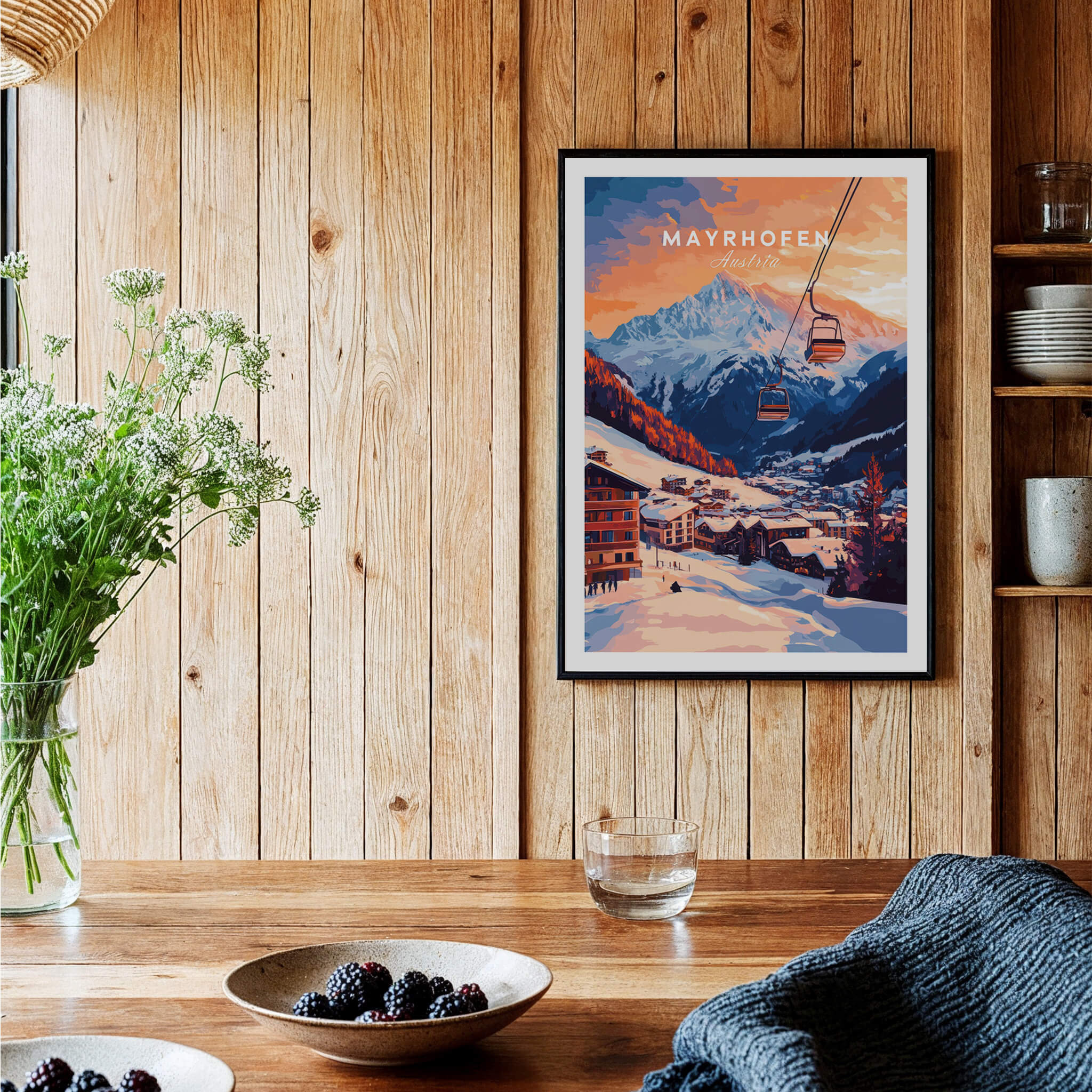Ski Print Mayrhofen Austria framed on a wooden wall, showcasing stunning sunset and skiing landscape.
