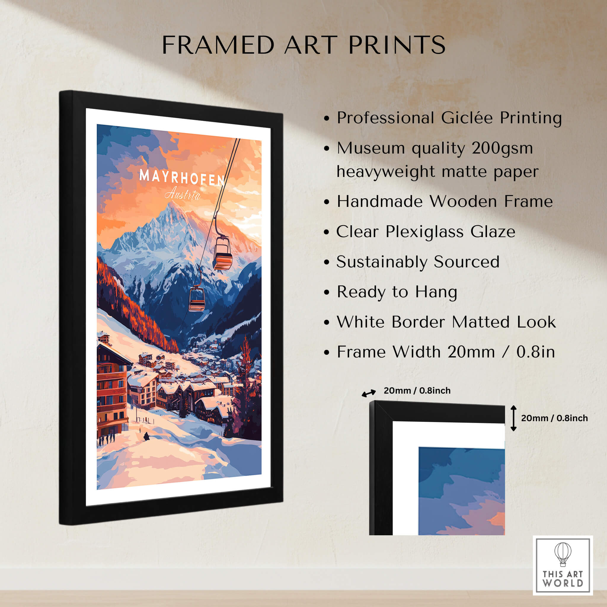 Ski Print Mayrhofen Austria framed art print showcasing stunning mountains and skiing scenery.