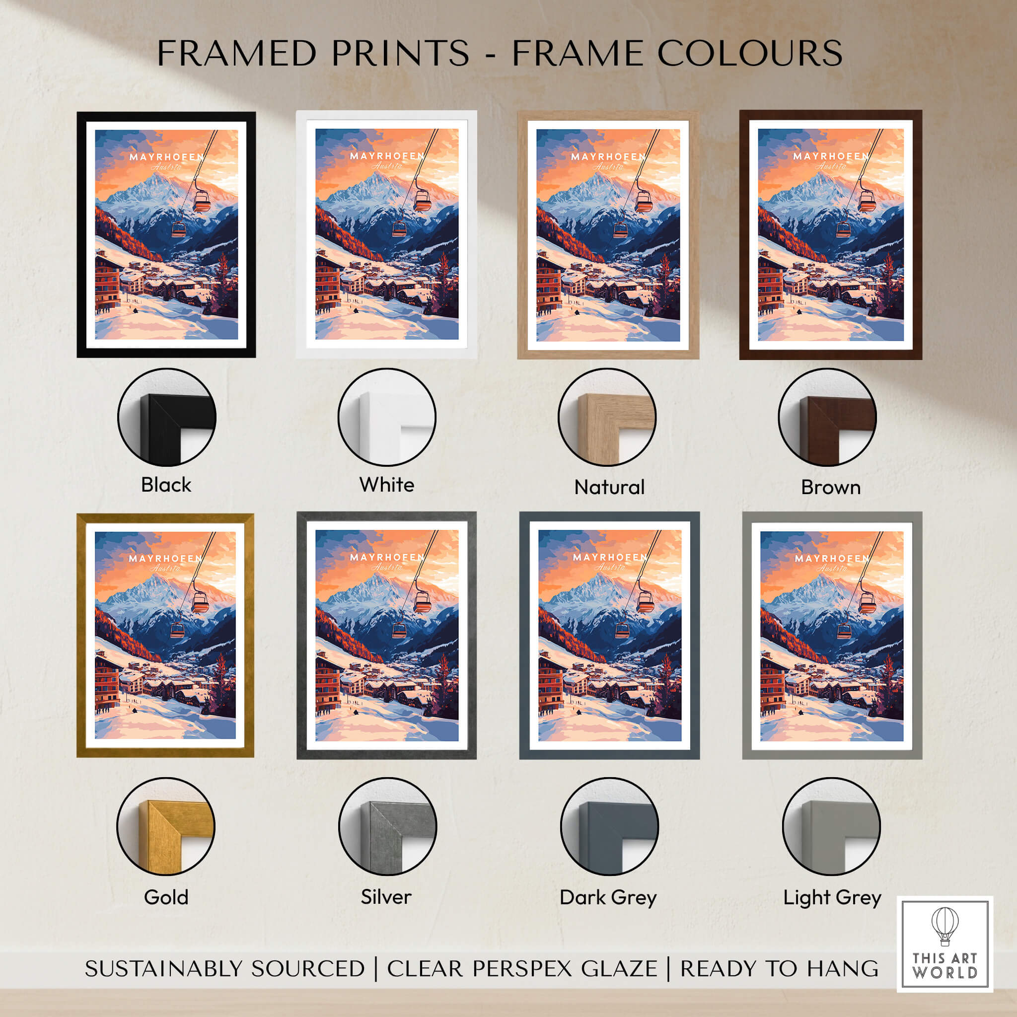 Ski Print Mayrhofen Austria framed print color options including black, white, natural, brown, gold, silver, dark grey, light grey.