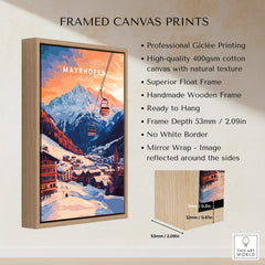 Ski Print Mayrhofen Austria framed canvas showcasing vibrant sunset and mountain scenery.