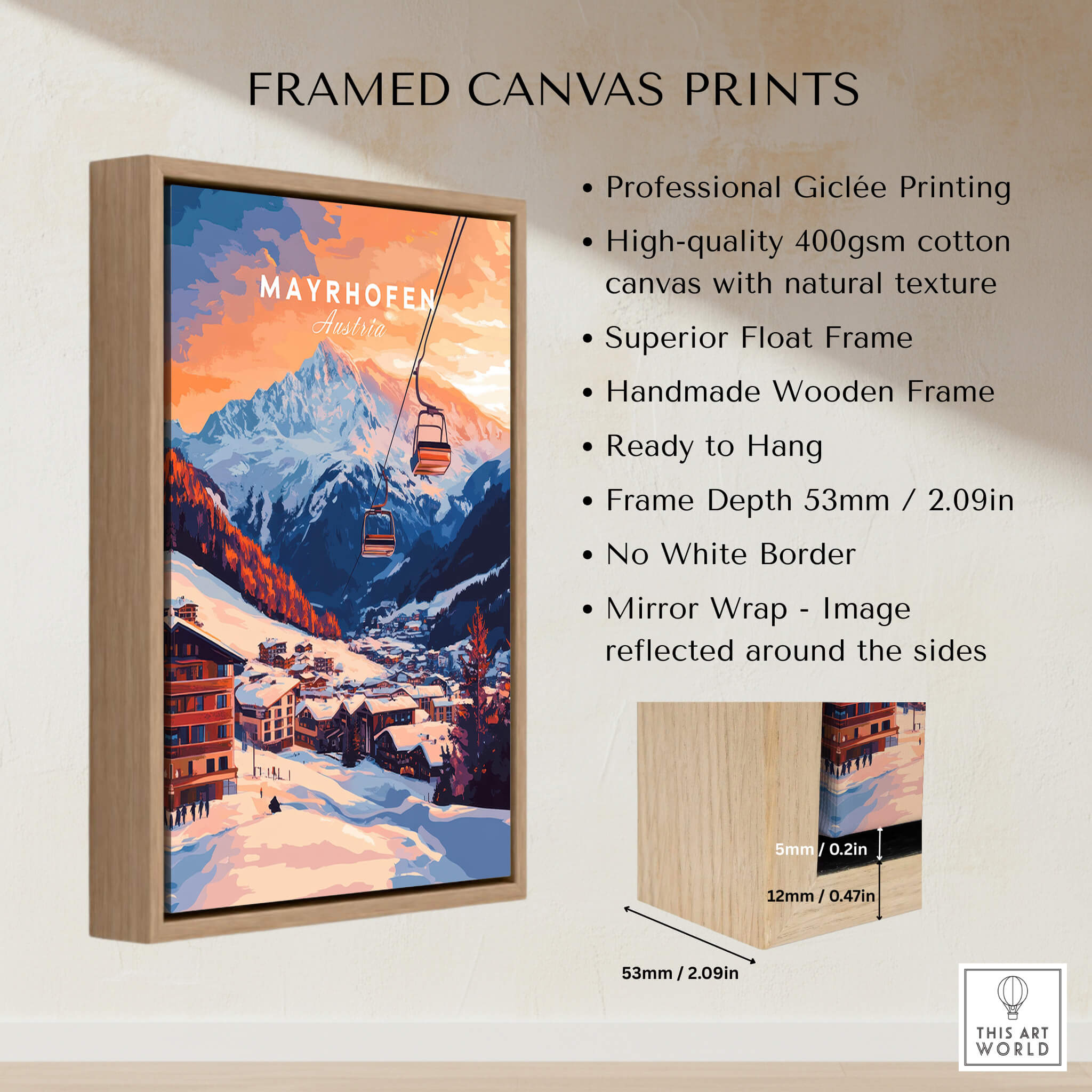 Ski Print Mayrhofen Austria framed canvas showcasing vibrant sunset and mountain scenery.