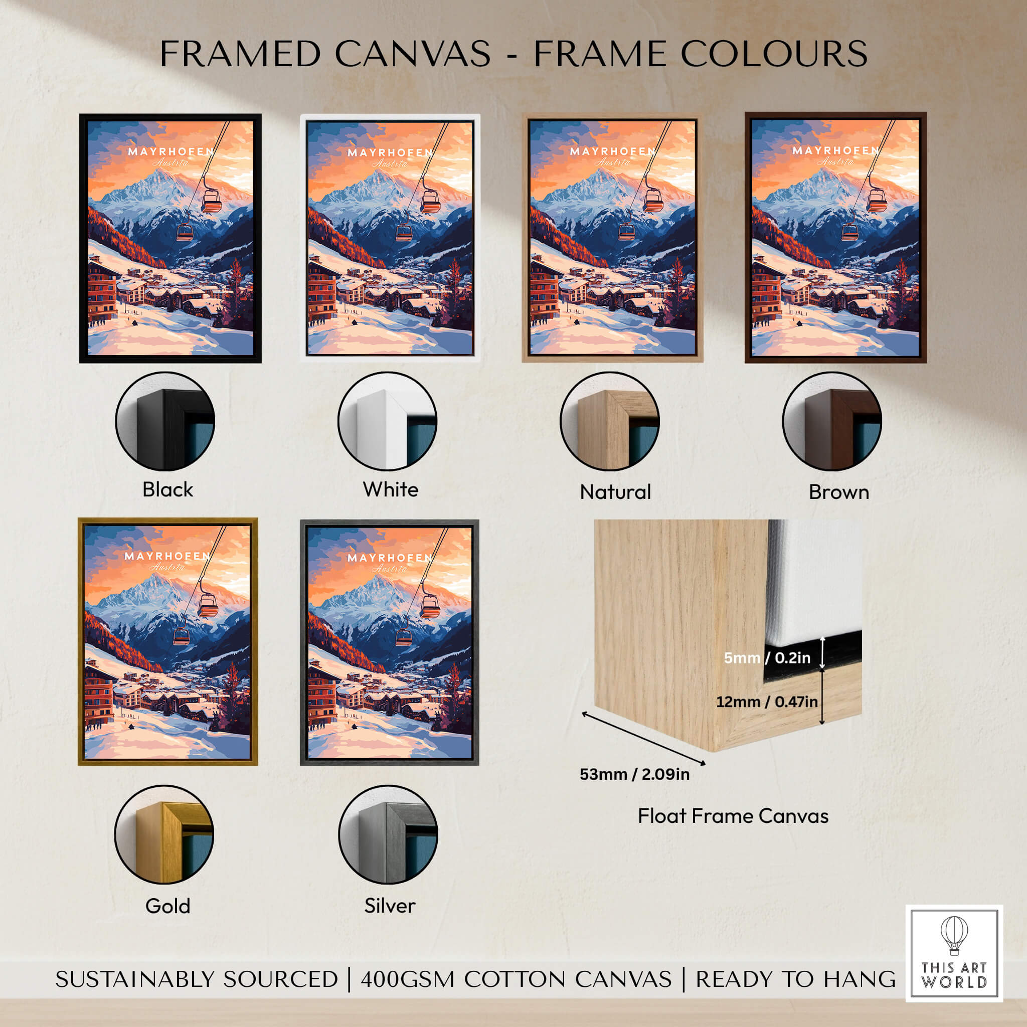 Framed canvas color options for the Ski Print Mayrhofen Austria: Black, White, Natural, Brown, Gold, Silver.