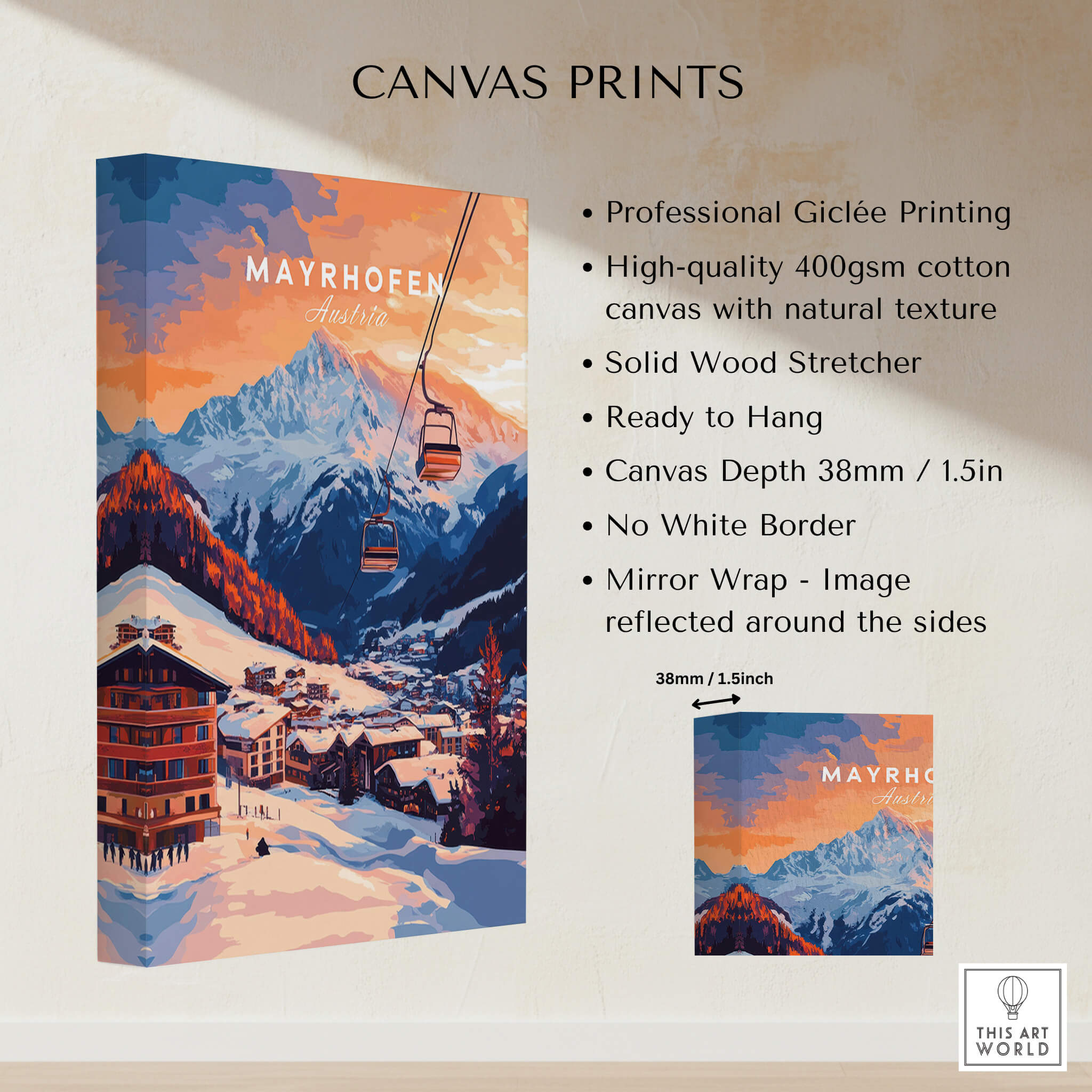 Ski Print Mayrhofen Austria showcasing a stunning mountain landscape with vibrant colors and professional giclée printing.