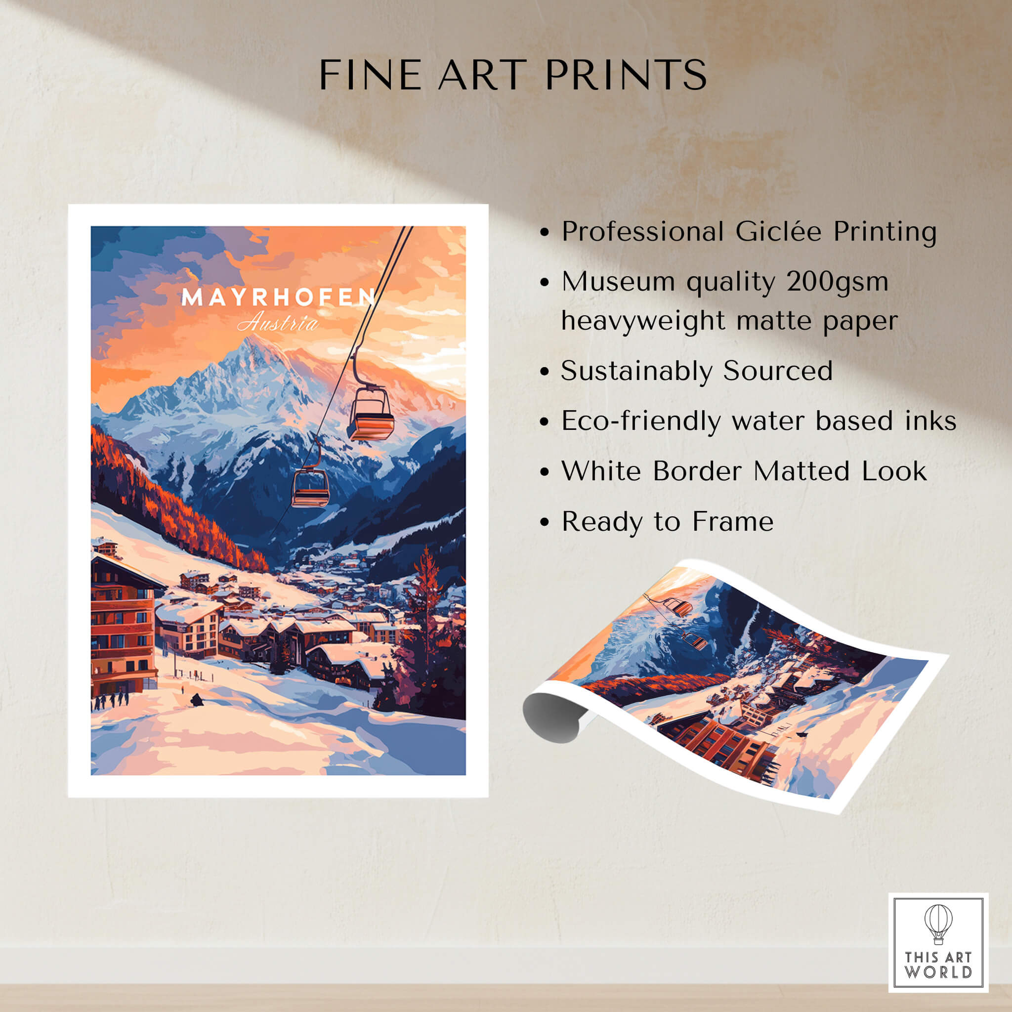 Ski Print Mayrhofen Austria showcasing a stunning sunset over ski slopes and mountains, perfect for skiing enthusiasts.