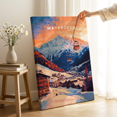 Ski Print Mayrhofen Austria showcasing a stunning alpine landscape at sunset with ski lifts and colorful skies.
