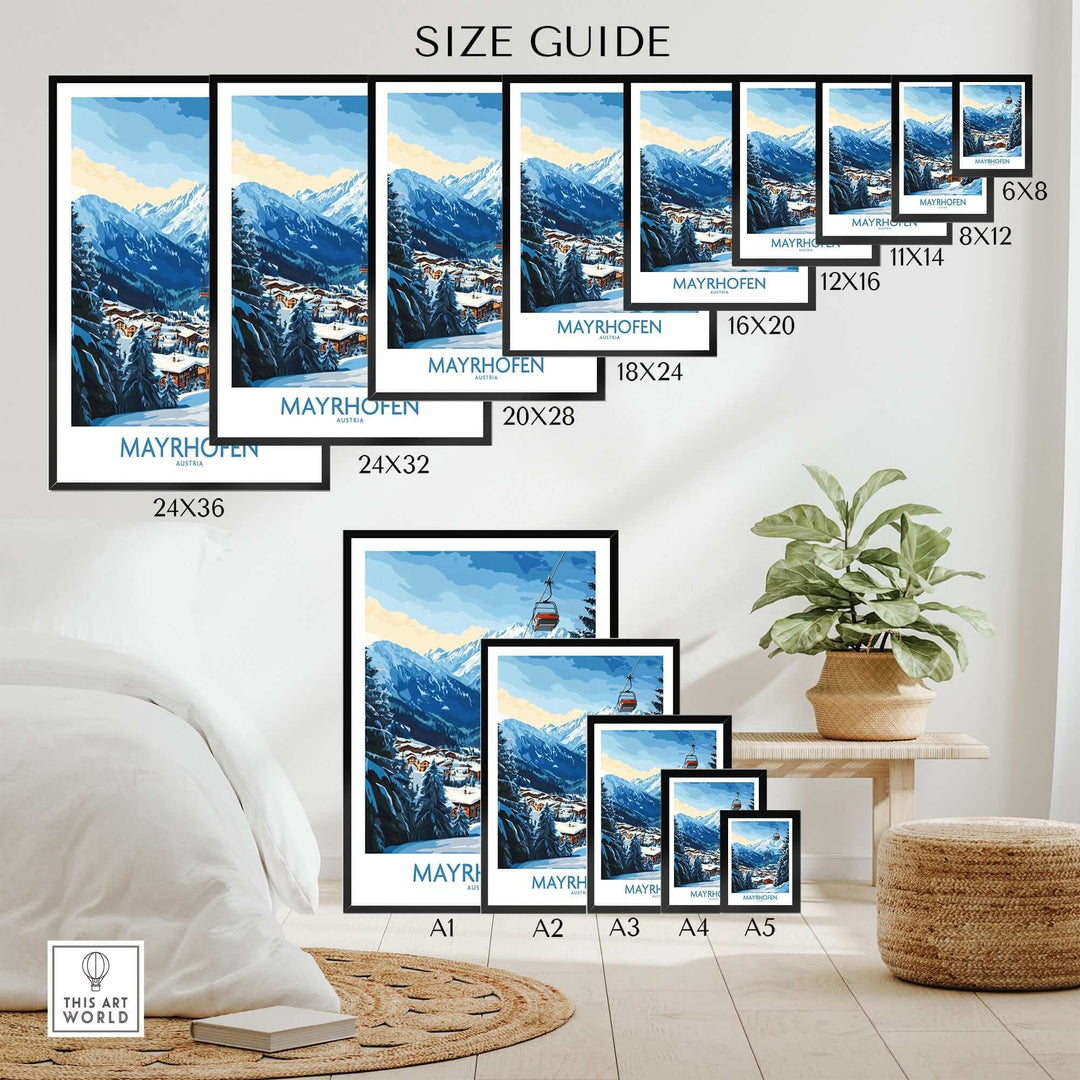 Mayrhofen ski poster size guide with various frame sizes displayed in a cozy home setting.