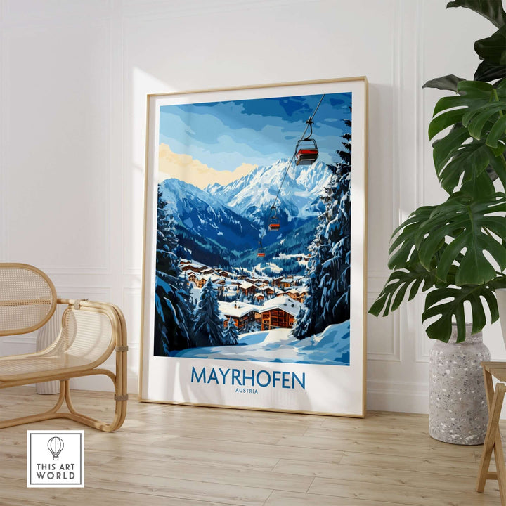 Mayrhofen ski poster featuring snowy mountains and ski gondola, perfect for outdoor enthusiasts and home decor.