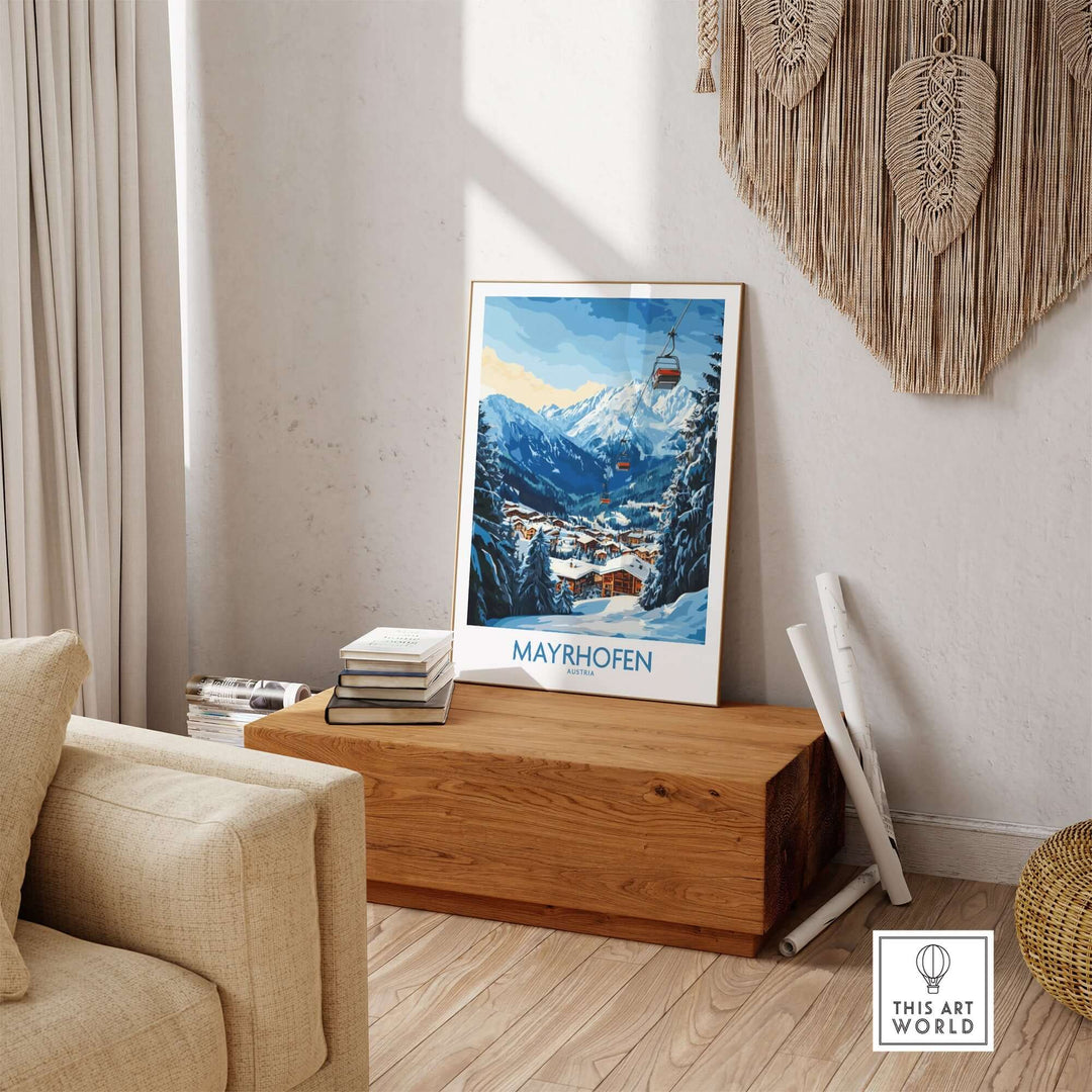 Mayrhofen ski poster displayed in a cozy living room setting, showcasing stunning mountain scenery and a ski gondola.